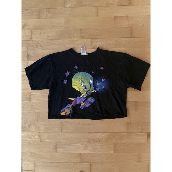 Vintage 90's Black Sun Sportswear WB Tweety Bird Cropped Tweet T-Shirt USA XL - Picture 1 of 4